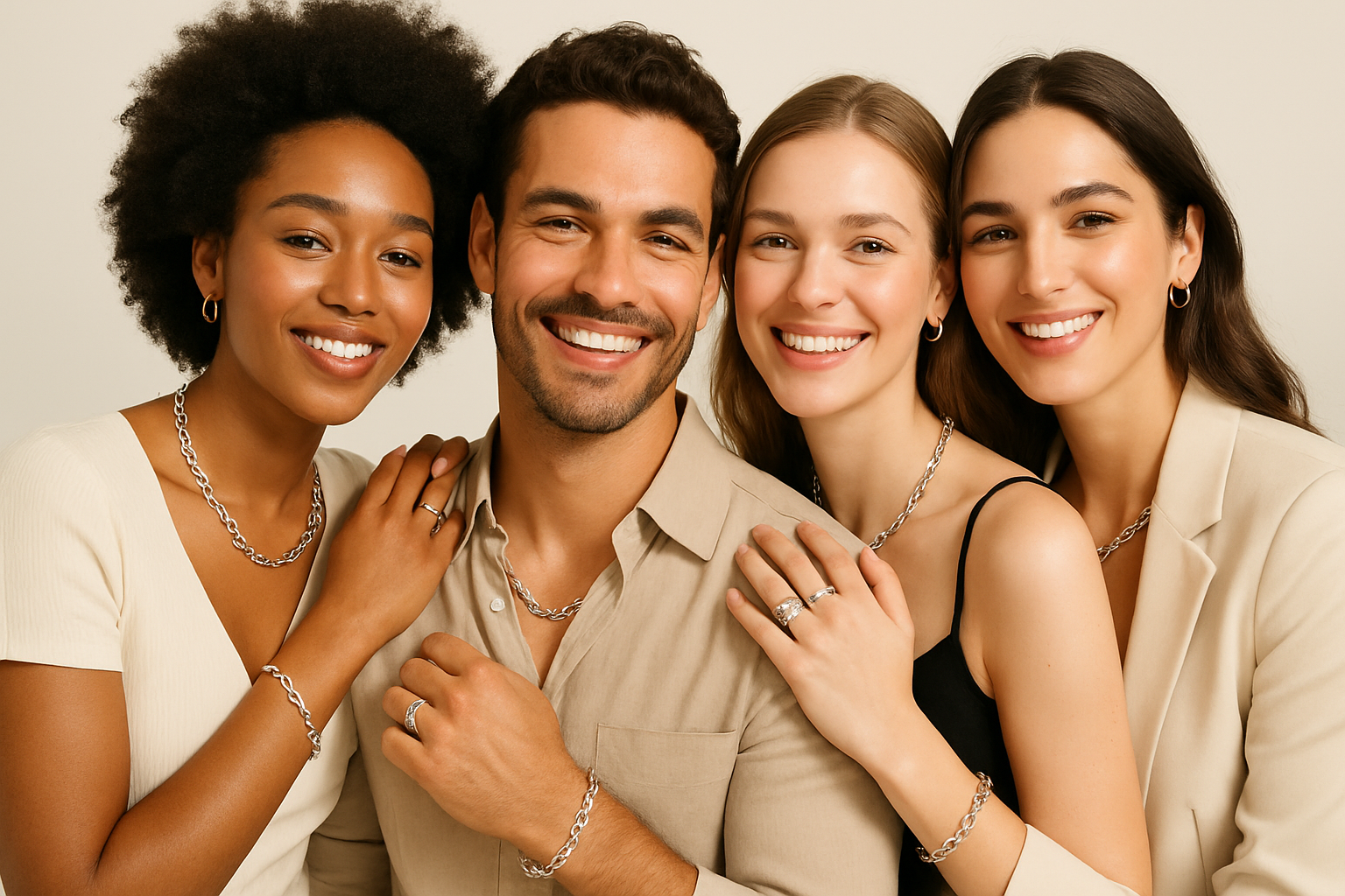 A group of people wearing silver bracelets, rings and chains, all to attract the customer's attention and buy our products.

