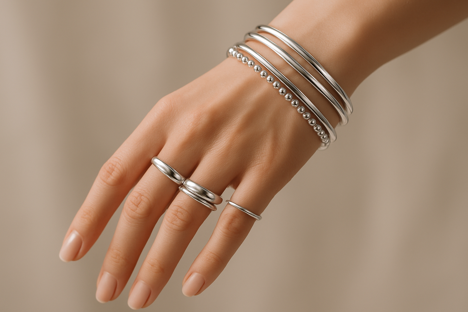 Silver bracelets with silver rings on the hand of a beautiful girl